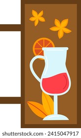 Ilustración vectorial de un cóctel colorido en un vidrio huracán con una rodaja naranja y flores, sobre un fondo marrón. Bebida de verano, concepto de bebidas tropicales.