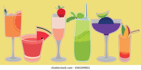 Vector illustration of colorful cocktails. Set of different alcoholic tropical fruit mixes. Shot. Wineglass. Wine, champagne, gin, vodka. Smoothie.