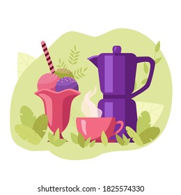 Ilustración vectorial de la olla de café colorida, helado de fresa y menta con rociadores y garrotes de gofre rayados y tazas de café rosa con vapor rodeadas de hojas verdes