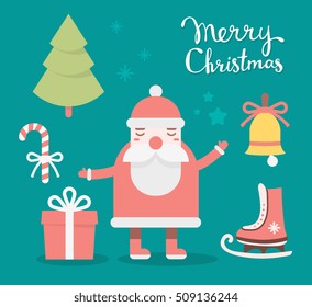 Vector illustration of colorful collection of christmas elements with handwritten text merry christmas on green background. Flat style design for web, site, banner, poster, print, greeting card