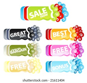 Vector illustration of a colorful collection of funky swirly retail tags or banners.
