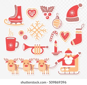 Vector illustration of colorful collection of red, yellow, brown christmas elements on transparent background. Flat style design for web, site, banner, poster, print, greeting card