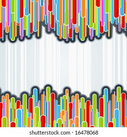 Vector illustration of a colorful columns background with funky retro bars and shaded offset paths. Central copy space.