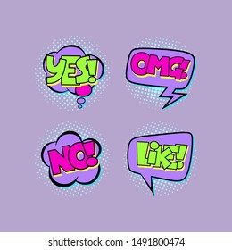 Vector illustration of colorful comic speech bubbles with text YES, OMG, NO, LIKE. Pop art style