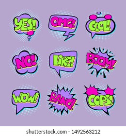 Vector illustration of colorful comic speech bubbles with text OMG, OOPS, COOL, LIKE, BOOM, YES, NO, WOW, BANG. Pop art style