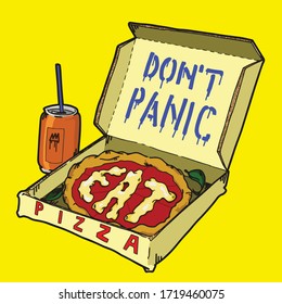 Vector illustration of a colorful composition of a take away pizza box and a drink in pop art and cartoon style with a quote 