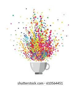 vector illustration of colorful confetti explosion from coffee mug for creativity and inspiration concepts 