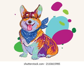 Vector illustration of colorful Corgi dogs. Impressionism .