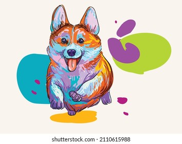 Vector illustration of colorful Corgi dogs. Impressionism .