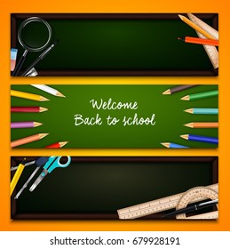Vector illustration of Colorful crayons and school supplies on chalkboard
