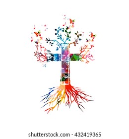 Vector illustration of colorful cross with butterflies