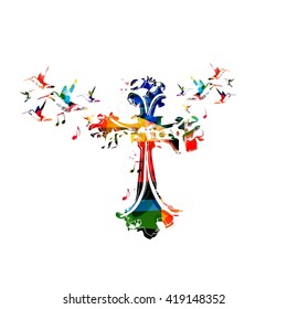 Vector illustration of colorful cross with hummingbirds