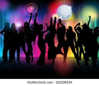 Vector illustration of colorful crowd of party people silhouettes background