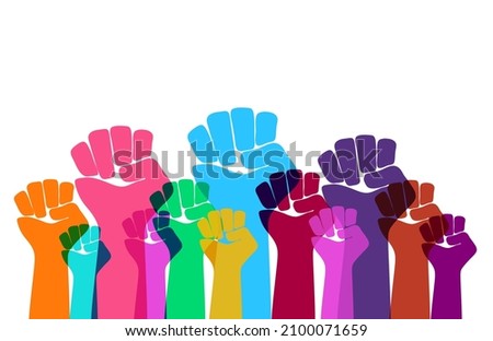 Vector illustration of colorful crowd of raised fists in sign of protest, strength, freedom, revolution, rebellion and revolt of people.