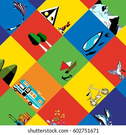 vector illustration of a colorful cubed background with different travel items in them
