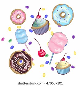 vector illustration of colorful cupcakes with cherry, cotton candy and donuts.