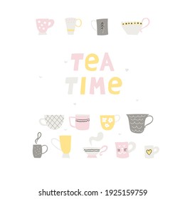 Ilustración vectorial con tazas coloridas y letras de "tiempo de té" aisladas en fondo blanco.