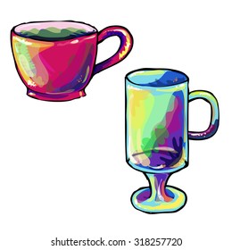 Vector illustration colorful cups tea coffee set
