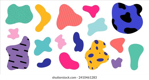 Vector illustration with colorful curved, doodle freeforms. Abstract, textured blob amoebas on white backdrop