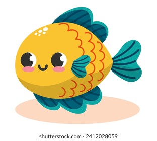 Ilustración vectorial de coloridos peces graciosos amarillos y verdes. Mundo submarino. Acuario. Pescado oceánico y marino de colores vivos