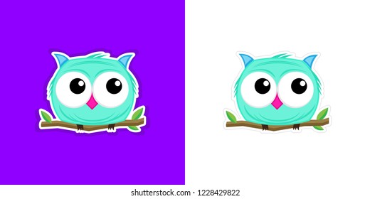 Vector illustration of colorful and cute owl sitting on tree branch set on white background. Can be used for sticker, poster, animal design, bird design and kids design. 