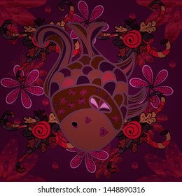 Vector illustration. Colorful cute texture fish pattern. Fishe on brown, purple and red colord. Seamless colorful background.