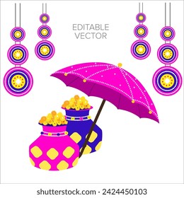 Vector illustration of colorful decorative pot and colorful decorated umbrella with abstract pattern motif hangings for decoration in Indian festival celebration or traditional Indian wedding invite.
