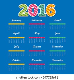 Vector illustration of colorful design 2016 Calendar.