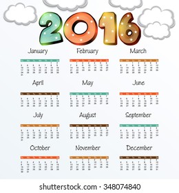 Vector illustration of colorful design 2016 Calendar.