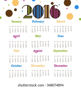 Vector illustration of colorful design 2016 Calendar.
