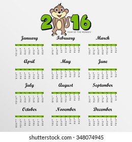 Vector illustration of colorful design 2016 Calendar.