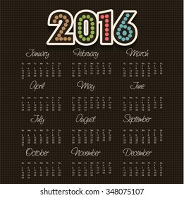 Vector illustration of colorful design 2016 Calendar.