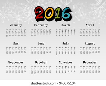Vector illustration of colorful design 2016 Calendar.