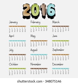 Vector illustration of colorful design 2016 Calendar.