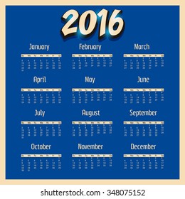 Vector illustration of colorful design 2016 Calendar.