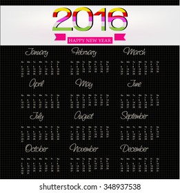 Vector illustration of colorful design 2016 Calendar.