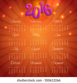 Vector illustration of colorful design 2016 Calendar.