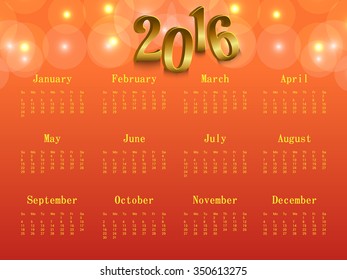 Vector illustration of colorful design 2016 Calendar.