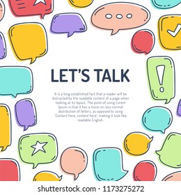 Vector illustration of colorful dialog speech bubbles and text let's talk on white background