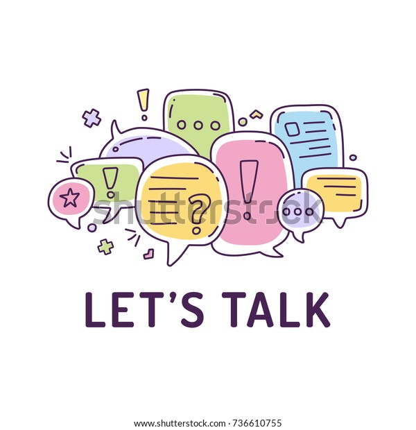 Vector illustration of colorful dialog speech\
bubbles with icons and text let\'s talk on white background. Safety\
communication technology concept. Thin line art flat design of\
mobile technology