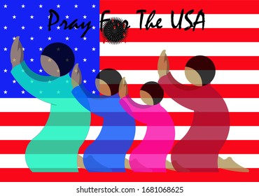 Vector illustration of colorful diversity people like family praying together for the USA attacked by the virus. The concept of togetherness in difficult situation.