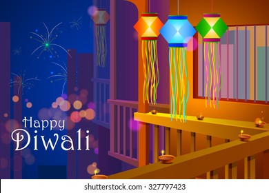 vector illustration of colorful Diwali hanging lantern with firework backdrop