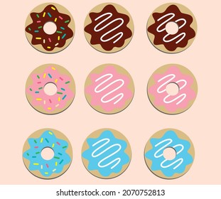 ilustración vectorial de donuts coloridos y diferentes sabores