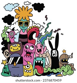 Ilustración vectorial colorida del dorado lindo Monster , Dibujo manual Doodle