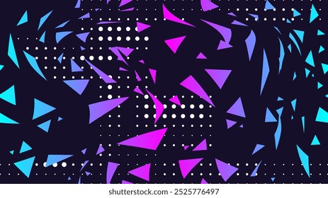 Vector illustration. Colorful dotted seamless pattern on dark background with triangle elements. Design for background, wallpaper, poster, banner, album, cover.