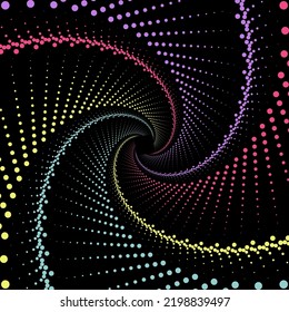 Vector illustration of colorful dotted swirl pattern background. Red, yellow, cyan, and violet colored spiral vortex dots wallpaper.