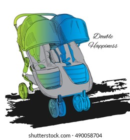 Vector Illustration Of Colorful Double Twin Stroller, Carriage, Pram. Baby Transport For Twins With Text. Logo Element For Design.