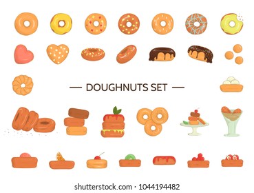 Vector illustration of colorful doughnuts. Bright donuts set. Cheerful collection of sweet bakery goods. Drawing of cakes with glazing and sprinkles isolated on white background.