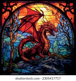 Vector illustration of a colorful dragon with wings on a sunset background