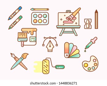 Vector illustration of a colorful draw and painting elements. Contains such as pencil sharpener, pencil, palette, colored pencil and more. Flat illustration style line drawing and background color pin.